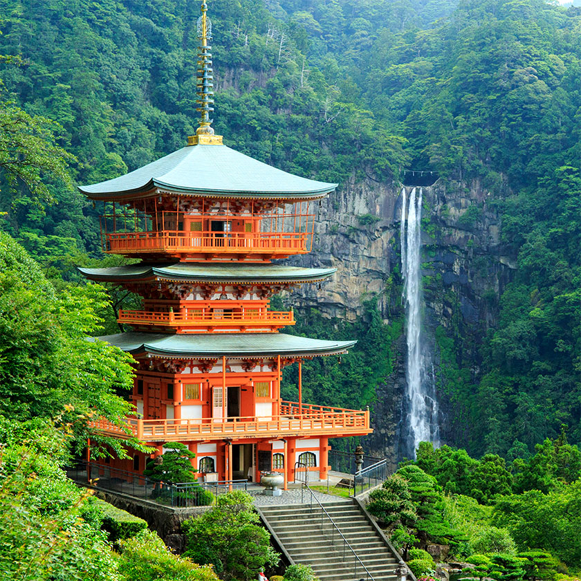 Kumano Hongu →<br>
Nachi Taisha<br>
(approx. 1.5 hrs);<br>
Daimon-zaka walk<br>
(2.5 km / 1 hr);<br>
Nachi Water Fall →<br>
Shingu / Hayatama<br>
Taisha (approx. 1 hr);<br>
Shingu →<br>
Nachi-Katsuura<br>
(approx. 30 min)